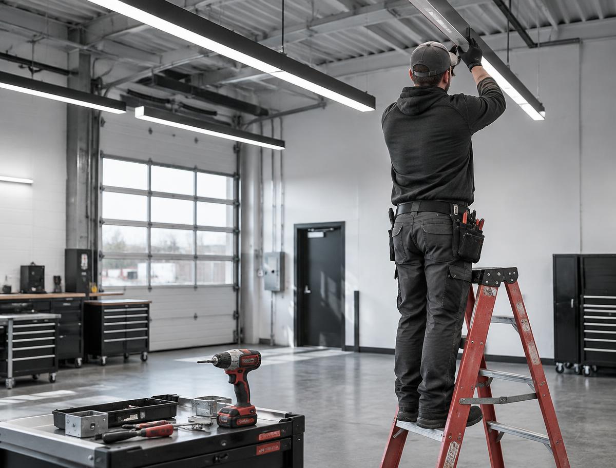 Electrician installing commercial LED lighting